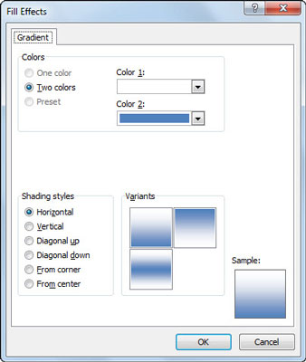 Use the Fill Effects dialog box to apply a gradient effect to selected cells.