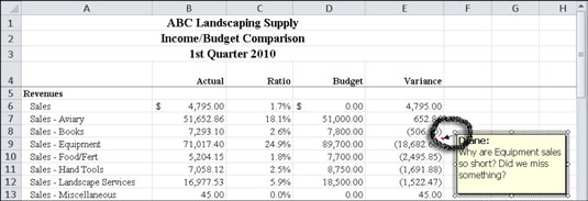 Excel 2010 indicates commented cells with a red triangle.