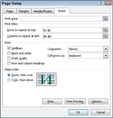 To designate worksheet rows as print titles, select the Rows to Repeat at Top text box and then drag through the row number(s) (in the worksheet frame) with data you want to appear at the top of each page.