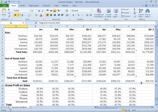 A worksheet in a horizontally split worksheet window after scrolling down in the lower pane.