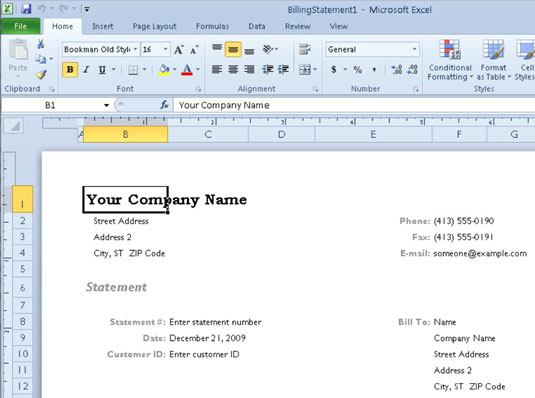 A new billing statement worksheet generated from the Billing Statement template.