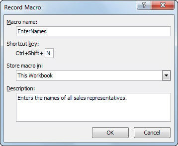 Use the Record Macro dialog box to begin creating a macro.