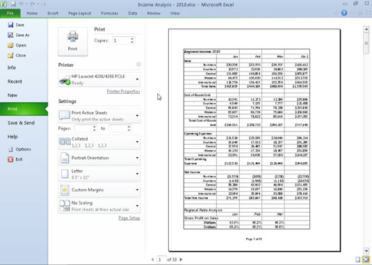 Specify what parts of the workbook to print in the Print panel in Excel's Backstage view.