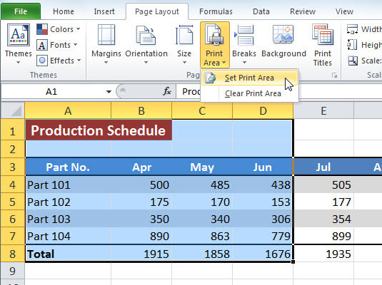 Use the Print Area command to set or clear a print area.