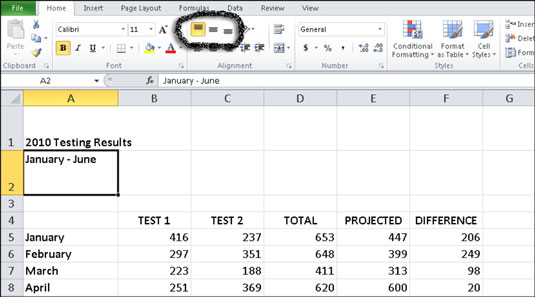 Excel's vertical alignment options. The title in row 1 shows the default bottom alignment; the subt