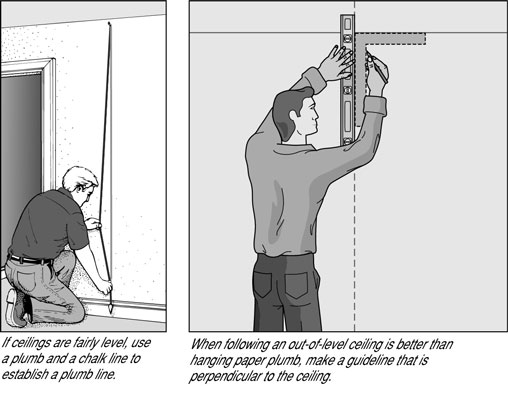 If an out-of-level ceiling calls for it, you can establish an out-of-plumb vertical guideline.