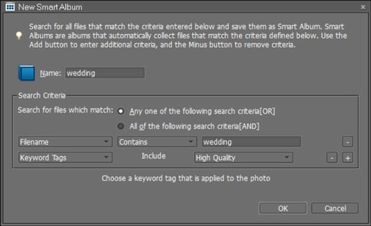 Type a name for your new Smart Album, add the search criteria, and click OK to add the album to the