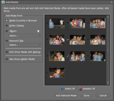 The Add Media dialog box offers a number of options for exporting photos.