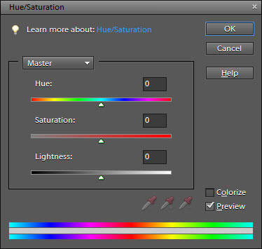 Adjust hue and saturation in the Hue/Saturation dialog box.