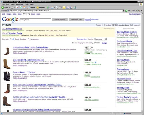 A typical Google Product Search results page.