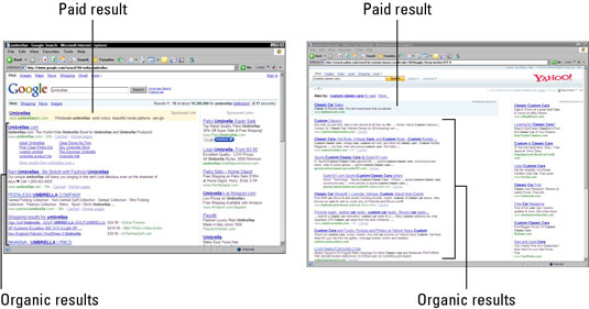 A results page from Google and Yahoo! with organic and paid results highlighted.