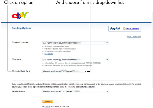 On the Funding Options page, click the option button next to the payment method you want to use. Then click the down arrow.