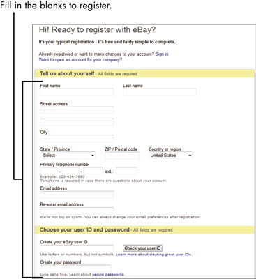 At the top of the first registration page, eBay asks you to fill in your full name, address, and primary telephone number.