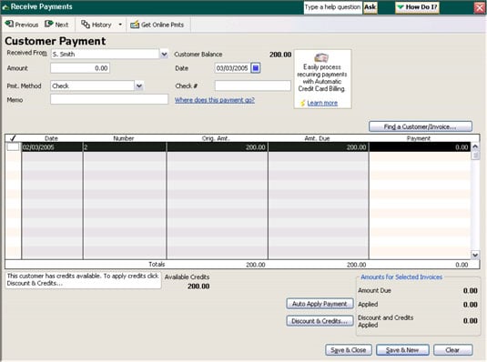 A payment by customer S. Smith in the computerized Cash Receipts journal.