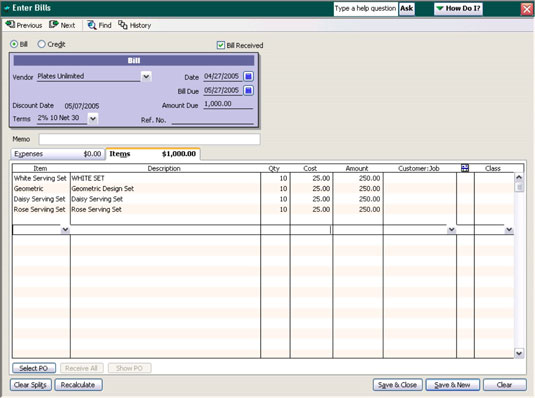 Recording of the receipt of inventory with a bill using QuickBooks.