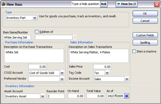 Setting up an Inventory Item using QuickBooks.