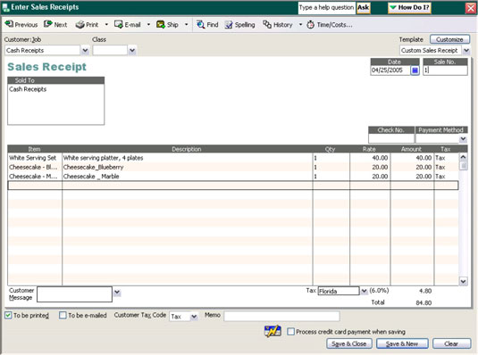 Example of a sales receipt in QuickBooks.