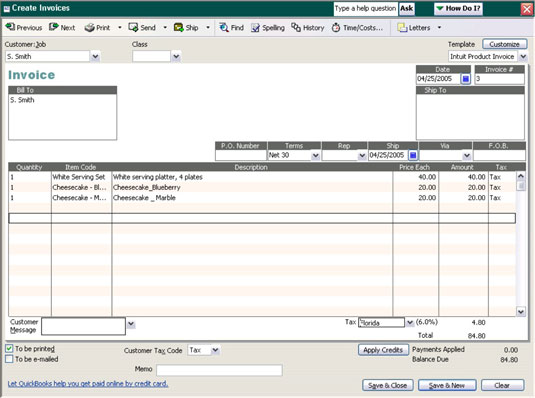 QuickBooks sales invoice for purchases made on store credit.