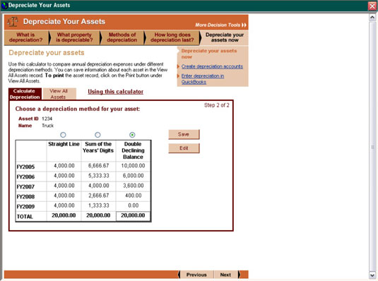 QuickBooks calculates the depreciation expense using all three methods and lets you choose the one 
