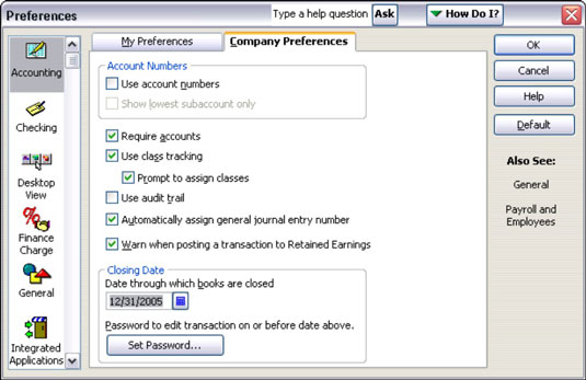 Set the closing date for your accounts in QuickBooks.