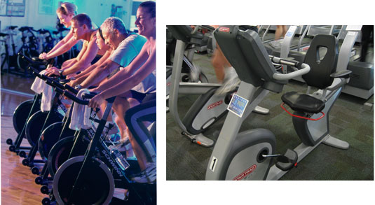 A row of upright bikes (left), and a recumbent bike. [Credit: Photographs by Purestock]