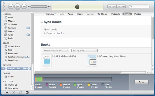 Click on the Books tab in the resulting phone screen within iTunes.