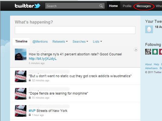 While logged into your Twitter account, click Messages in the top menu bar.