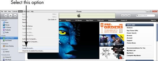 Click to open the Store menu and choose Create Account from the menu that appears.