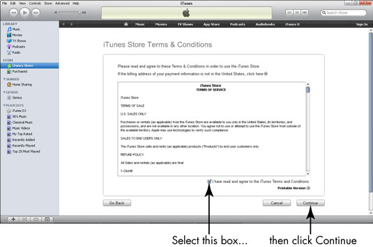 Click to select the I Have Read and Agree to the iTunes Terms and Conditions check box, and then click the Continue button.