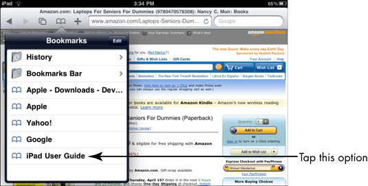 Tap the Bookmark icon. On the Bookmarks menu that appears, tap iPad User Guide.