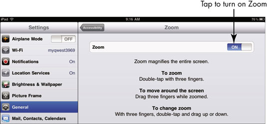 Tap the Zoom On/Off button to turn on the feature.