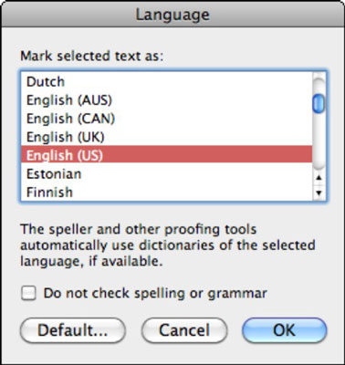 The Language dialog box in Word lets you choose the dictionary language.