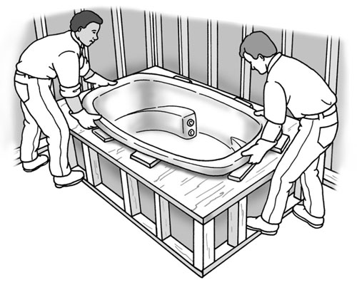 Carefully lift the tub by its rim and set it in the cutout hole.