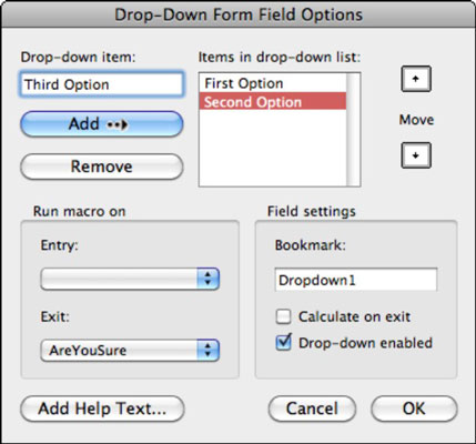 word 2016 for mac dropdown box