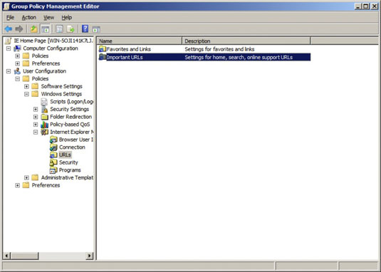 In the Navigation pane, navigate to User Configuration→Policies→Windows Settings→Internet Explorer Maintenance→URLs.