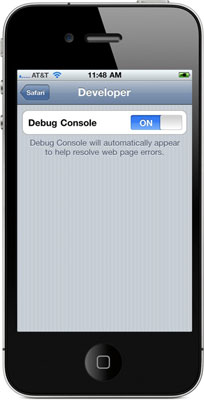 Touch the On button to activate the Debug Console.