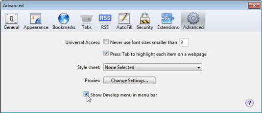 Click to select the check box labeled Show Develop Menu in Menu Bar.