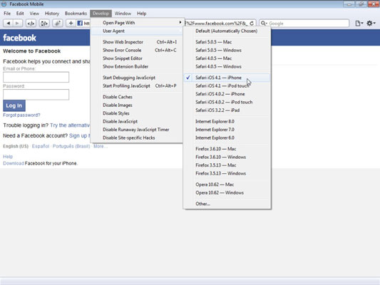 Click the Develop menu option and select User Agent→<i><user agent></i>.