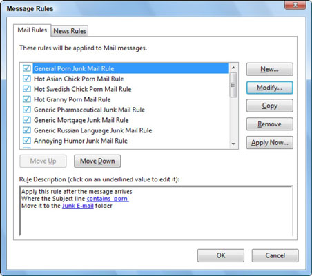 Message rules in Windows Mail.