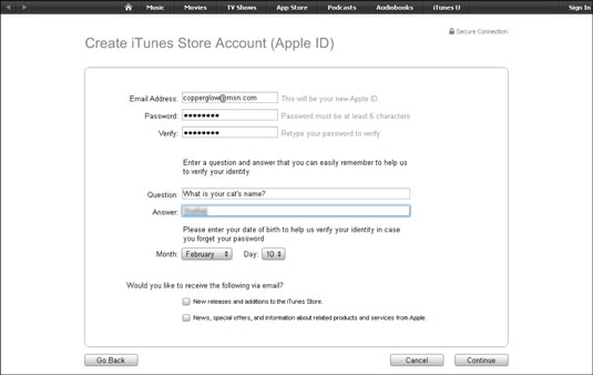 Fill in the information fields, click the last two check boxes to deselect them if you don’t want to receive e-mail from Apple, and then click the Continue button.
