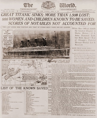The April 16, 1912 edition of <i>The World</i> reporting the sinking.