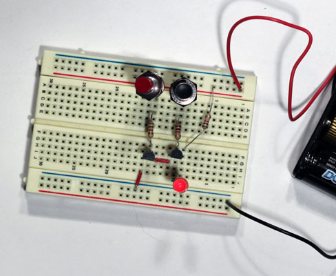 A two-transistor NAND gate on a breadboard.