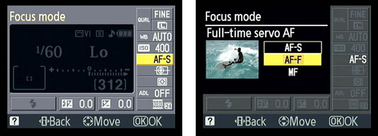 The Focus Mode menu in the Nikon D3100 camera.