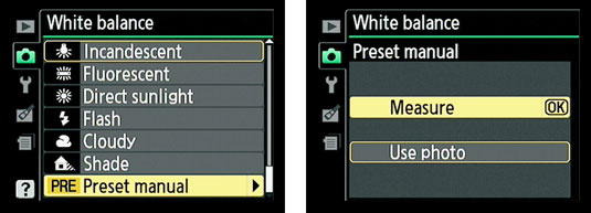 The White Balance settings tab in a Nikon's shooting menu.