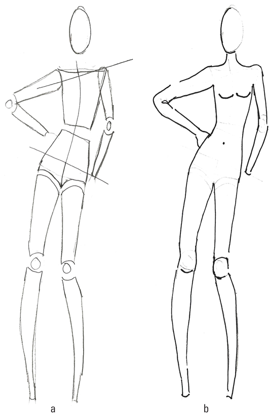 Drawing a fashion model freehand with basic lines and shapes.