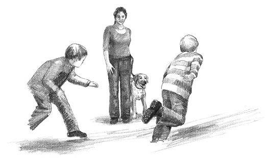 Stage setups to curb your puppy’s impulse to chase. [Credit: Illustration by Barbara Frake]