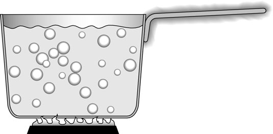 Conduction heats the pot that holds the boiling water.