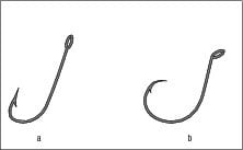 A standard J hook (a) and circle hook (b).