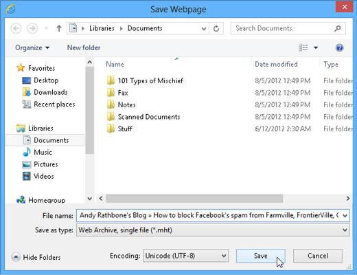 Save A Web Page With Internet Explorer And Windows 8 Dummies