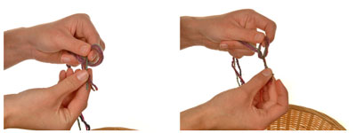 Tie the two singles to the leader with an overhand knot. Wrap the two ends and the leader around your finger, slip the loop off your finger, pull all the threads through the loop, and pull tight.